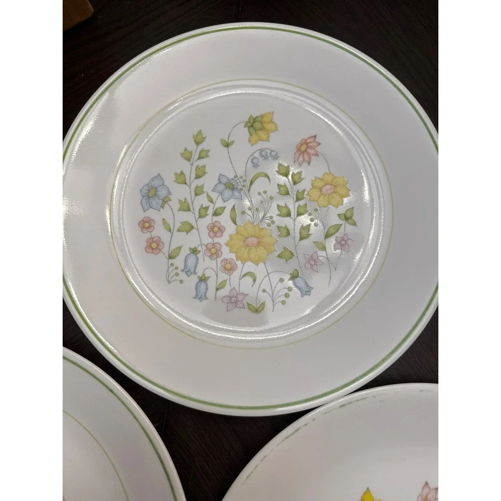 Corelle Meadow Dinner Plates Set of 3 Floral Wildflower Green Rim Vitrelle Glass